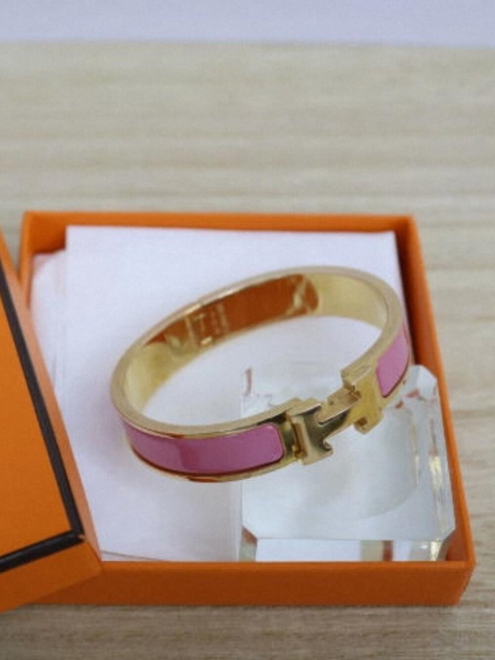 Hermes Clic H Pink Enamel Gold Tone Bangle Bracelet